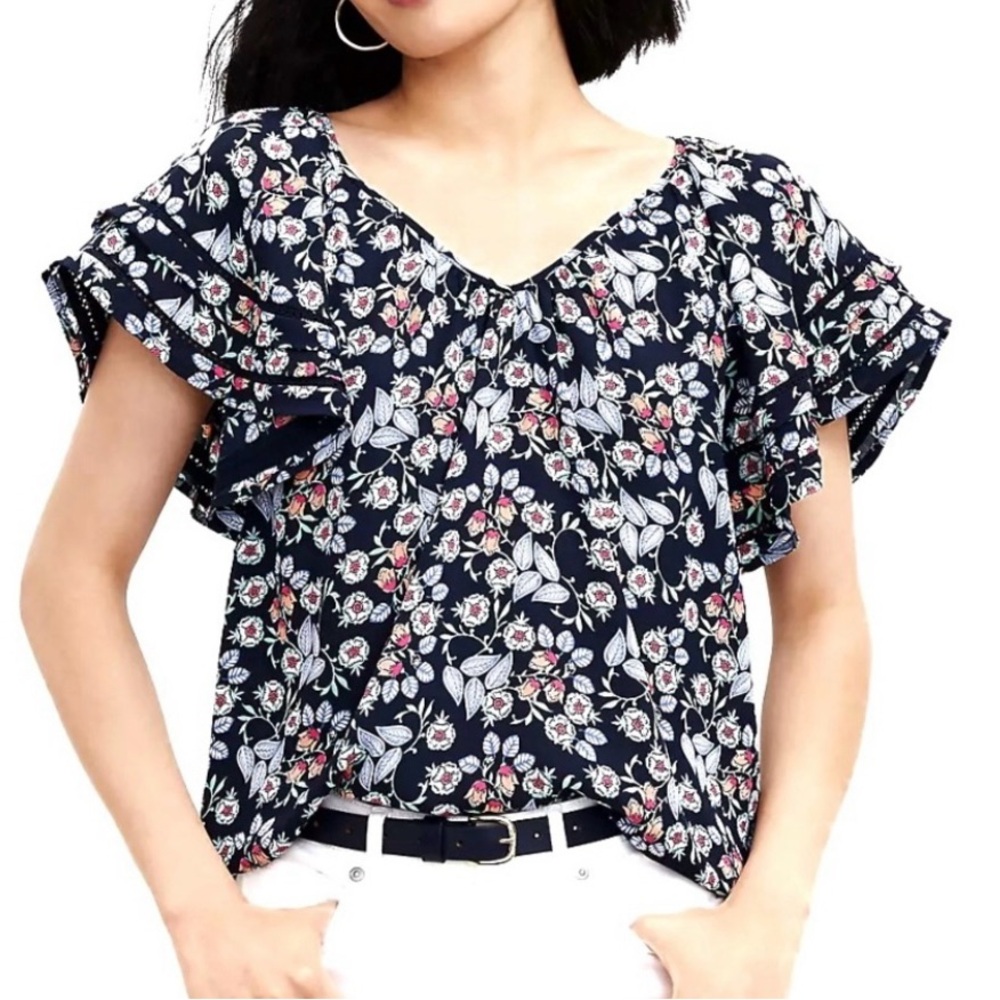 LOFT Navy Floral Mixed Media V-Neck Ruffle Sleeve Blouse Small